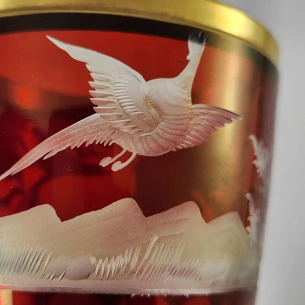 Bohemian Ruby Red Cut to Clear Goblet Glass Stag Deer Elk Hunting Cup Czech Vase